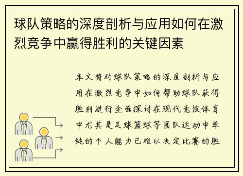 球队策略的深度剖析与应用如何在激烈竞争中赢得胜利的关键因素